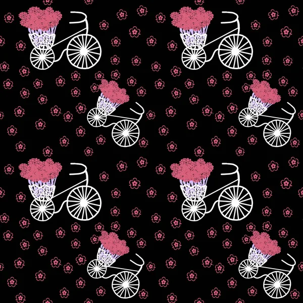 Spring and summer seamless pattern with flowers and bicycles on black background. Used for wallpaper, pattern fills, web page background,surface textures.