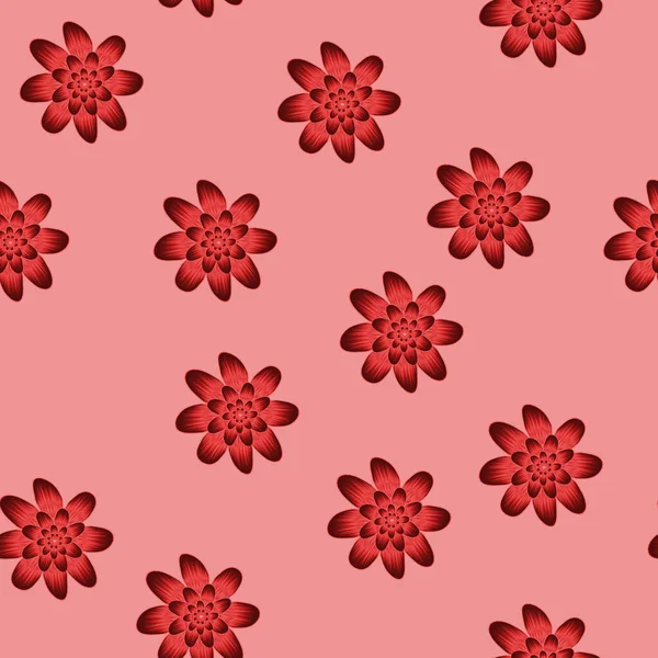 Płynny Powtarzający Się Wzór Czerwonymi Kwiatami Koralowym Tle Tkanin Ciągnionych — Zdjęcie stockowe