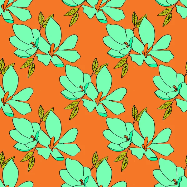 百合花无缝隙的背景图 兰花蓝绿色的花在橙色的背景上 可用于包装纸 面料印刷 网页背景 墙纸等 — 图库照片