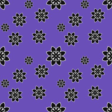 Seamless repeat pattern with black flowers on purple background. drawn fabric, gift wrap, wall art design, wrapping paper, background, fabric print, web page backdrop.