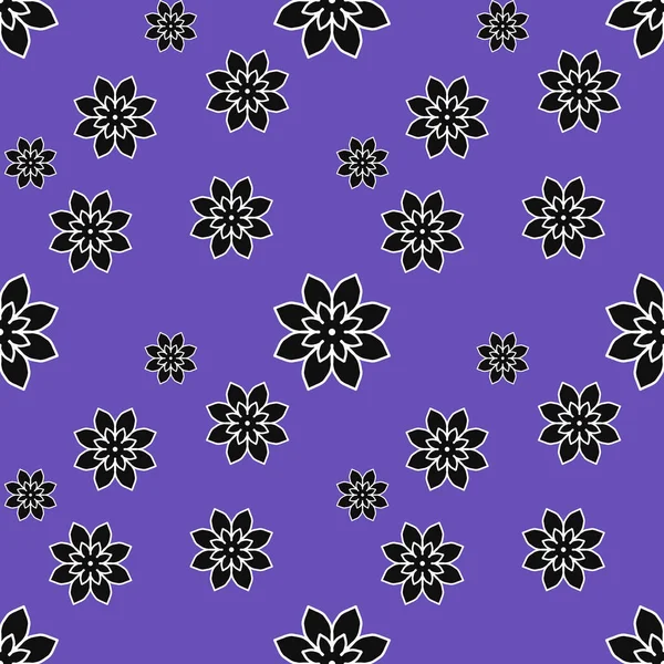 Seamless repeat pattern with black flowers on purple background. drawn fabric, gift wrap, wall art design, wrapping paper, background, fabric print, web page backdrop.