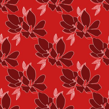 Zambak çiçeklerinin kusursuz arkaplanı. Kırmızı arka planda zambaklar çiçek açar. Paket kağıdı, kumaş baskısı, web sayfası arkaplan, kart, duvar kağıdı olarak kullanılabilir.