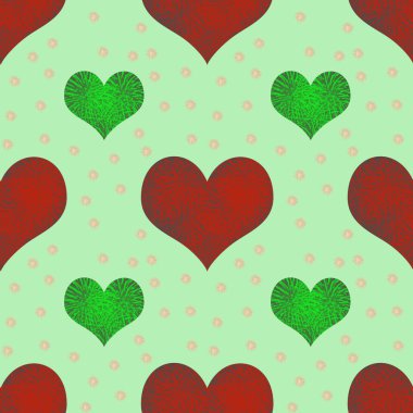 Kusursuz desenli kırmızı ve yeşil kalpli sevgililer günü şablonu. ambalaj kağıdı, arkaplan, kumaş baskısı, web sayfası arkaplanı, duvar kağıdı olarak kullanılabilir.