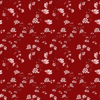 Yaprakları ve çiçekleri olan ağaç dallarının desenleri, grafik el çizimi, kırmızı arka planda çiçek ağacı. Çizilmiş kumaş, hediye paketi, duvar tasarımı, duvar kağıdı, kart, tekstil için basit kalem sanatı