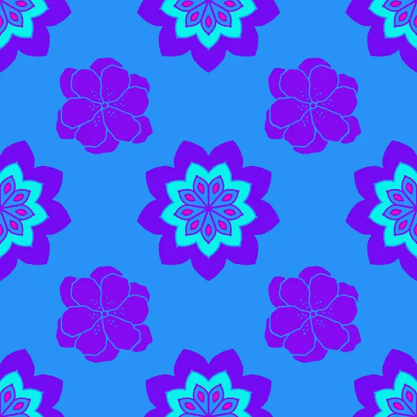 Seamless Repeat Pattern Purple Flowers Blue Background Drawn Fabric Gift — ストック写真