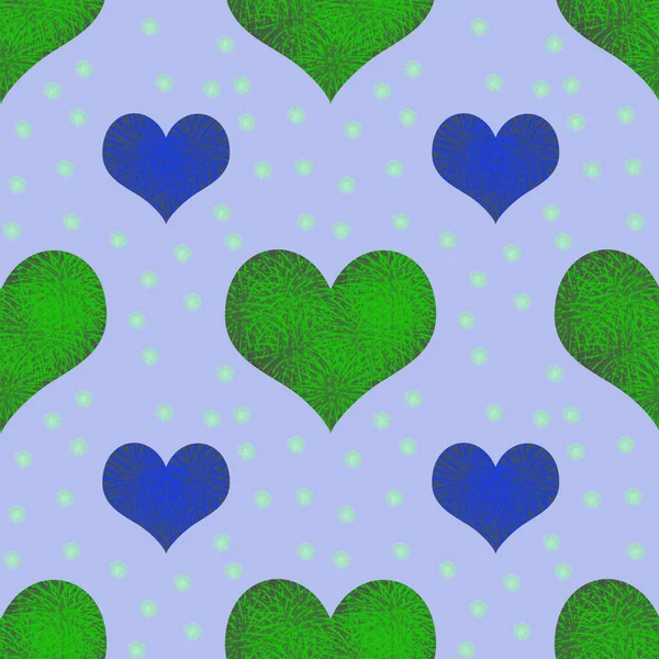 シームレスなパターン青と緑のハートバレンタインの日テンプレートライラックの背景に 包装紙 生地プリント ウェブページ背景 壁紙として使用できます — ストック写真