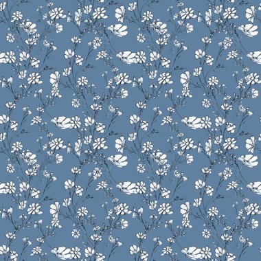 Yaprakları ve çiçekleri olan ağaç dallarının desenleri. Grafik el çizimi. Mavi arka planda çiçek ağacı. Çizilmiş kumaş, hediye paketi, duvar tasarımı, duvar kağıdı, kart, tekstil için basit kalem sanatı.