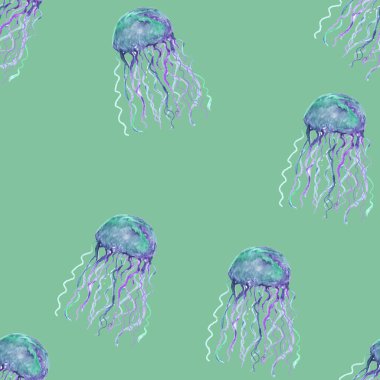 Mavi, turkuaz, mor denizanası turkuaz arka planda dikişsiz suluboya. Denizci tarzı. Vahşi yaşam. Suluboya çizimi. 