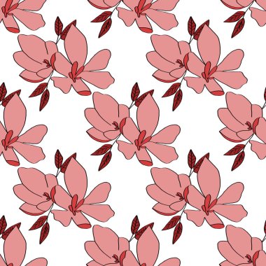 Zambak çiçeklerinin kusursuz arkaplanı. Beyaz arka planda pembe zambaklar. Paket kağıdı, kumaş baskısı, web sayfası arkaplan, kart, duvar kağıdı olarak kullanılabilir.