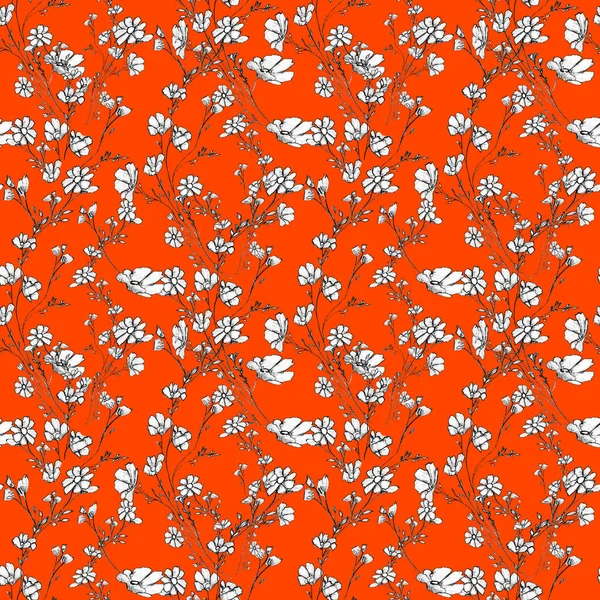 木の枝や花や葉のシームレスなパターン 手描きのグラフィック ラッシュ溶岩の背景にある花の木 ギフトラップ 壁のアートデザイン カード テキスタイルを描くためのシンプルな鉛筆アート — ストック写真