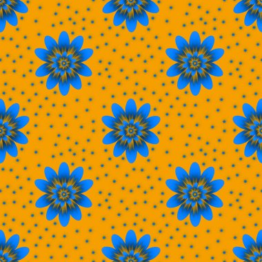 Sarı arka planda mavi çiçekli kusursuz tekrarlama deseni. Çizilmiş kumaş, hediye paketi, duvar tasarımı için.