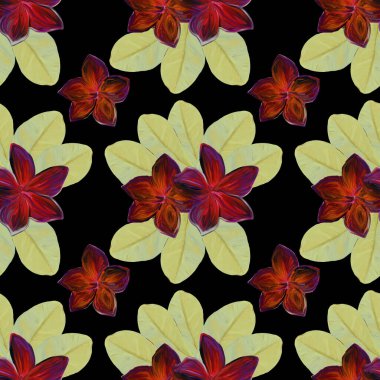 Frangipani Plumeria Tropik Çiçekleri. Kusursuz Düzen Arkaplanı. Siyah yapraklı suluboya plumeria çiçekleriyle tropik yaz çiçekleri..