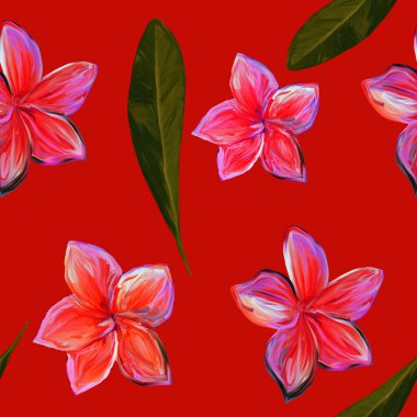 Frangipani Plumeria Tropik Çiçekleri. Kusursuz Düzen Arkaplanı. Çiçeksiz tropik yaz çiçekleri. Yapraklı kırmızı arka plan..
