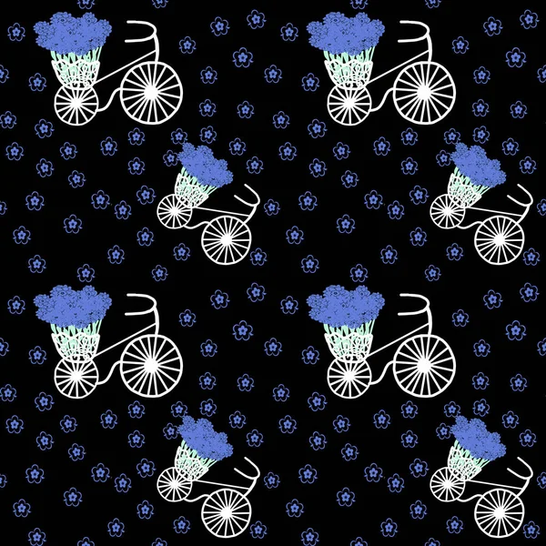 Spring Summer Seamless Pattern Flowers Bicycles Black Background Used Wallpaper — Stock Photo, Image
