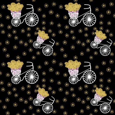 Siyah arka planda çiçekler ve bisikletlerle bahar ve yaz pürüzsüz desen. Duvar kağıdı, şablon dolguları, web sayfası arkaplanı, yüzey dokuları için kullanılır.