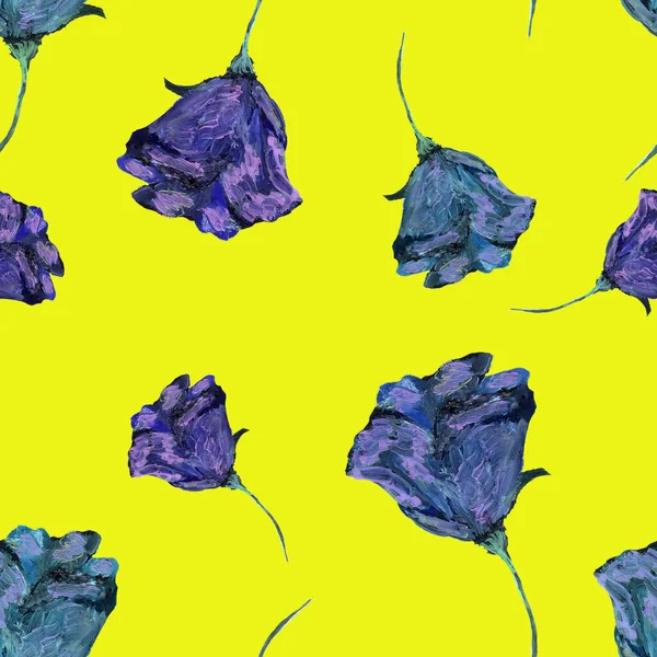 バラで作られた花のシームレスなパターン 黄色の背景に紫色の花芽を持つアクリル絵具 生地や繊維の植物イラスト デザインの装飾要素 — ストック写真