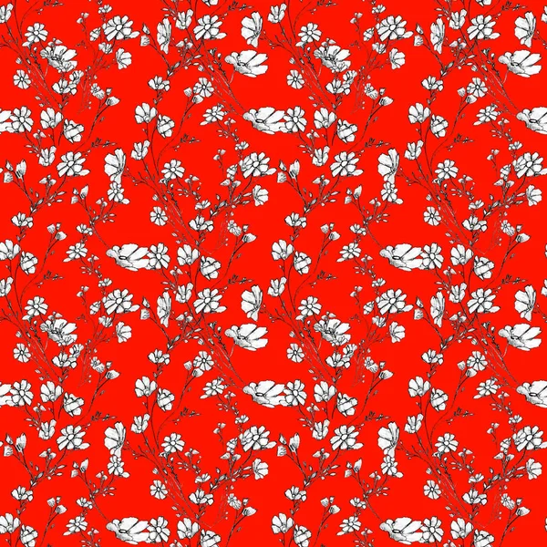 花や葉を持つ木の枝のシームレスなパターングラフィックハンドは 赤の背景に花の木を描きました ギフトラップ 壁のアートデザイン カード テキスタイルを描くためのシンプルな鉛筆アート — ストック写真