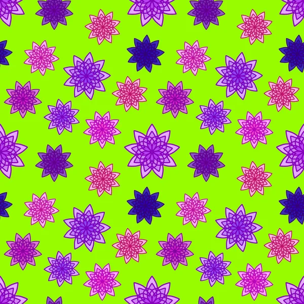 緑の背景に青紫色や薄紫色の花飾りでシームレスにパターン キッチンの壁紙やバスルームの床のための花のテクスチャ 包装紙 生地プリント 壁紙として使用できます — ストック写真