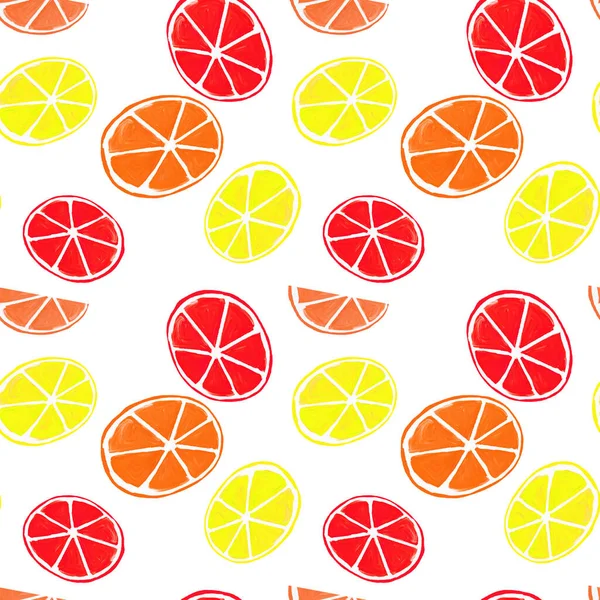 Gouache citrus seamless pattern. Hand painted fresh ripe summer red, orange and yellow lemon fruits on white background. Oranges, limes and lemons slices, isolated. Colorful healthy food art print.
