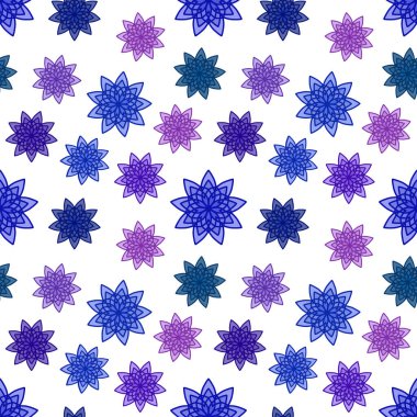 Beyaz arkaplanda mavi, mor ve eflatun çiçekli desenler var. Duvar kağıdı ya da banyo döşemesi için çiçek dokusu. paket kağıdı, arkaplan, kumaş baskısı, duvar kağıdı olarak kullanılabilir.