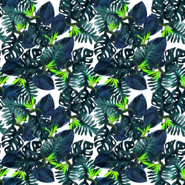 Strelitzia 'lı özgün, kusursuz tropikal desen ve beyaz arka planda yapraklar. Renkli kolocasia yaprakları, filodendron, canavar desenli kusursuz desen. Egzotik duvar kağıdı. Hawaii tarzı.