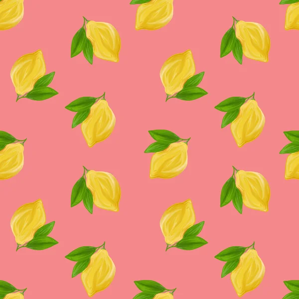 Pembe arka planda pürüzsüz sarı bir limon deseni. Taze turunçgillerin yeşil yapraklı limonlarının kusursuz deseni. El çizimi guaj resmi