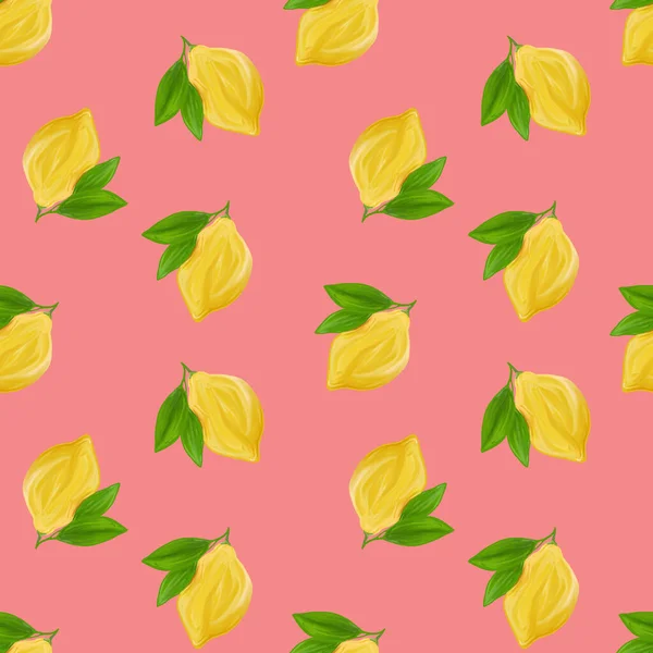 A seamless yellow lemon pattern on pink background. The seamless pattern of fresh citrus fruit lemons with green leaves. Hand drawn gouache painting
