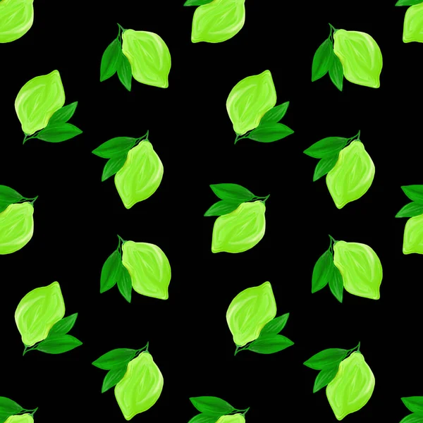 A seamless green lime pattern on black background. The seamless pattern of fresh citrus fruit lime with green leaves. Hand drawn gouache painting