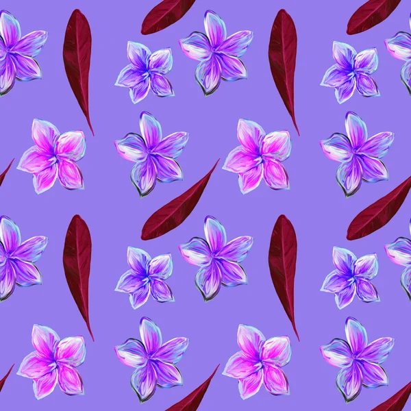 フランジパニ・プルメリア熱帯の花。シームレスなパターンの背景。熱帯のクラレットと紫色の花夏のシームレスなパターン葉を持つプルメリアの花とライラックの背景 — ストック写真