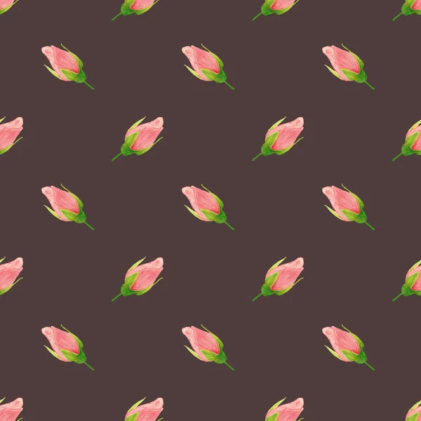 Rózsa Virágok Kézzel Készített Gouache Olajfesték Zökkenőmentes Minta Gyengéd Sötétben — Stock Fotó