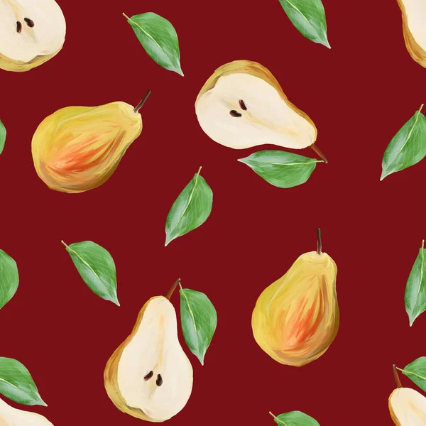 harvest sweet pears with leaves fruit gouache illustration freehand drawn seamless pattern  on burgundy color.  Food pattern, painted  manually.