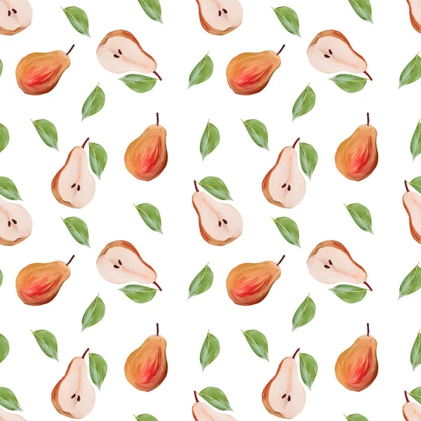 Harvest sweet orange pears with leaves fruit gouache illustration freehand drawn seamless pattern on white.  Food pattern, painted  manually.
