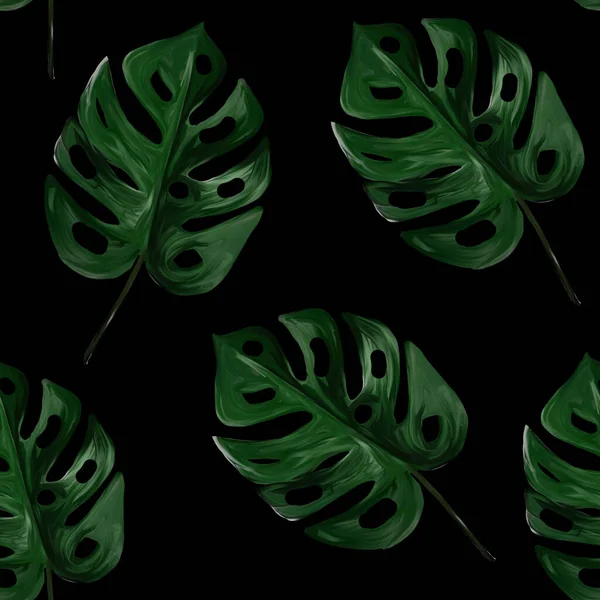 Modello Senza Cuciture Foglie Verdi Monstera Tropicali Sfondo Nero Illustrazione — Foto Stock