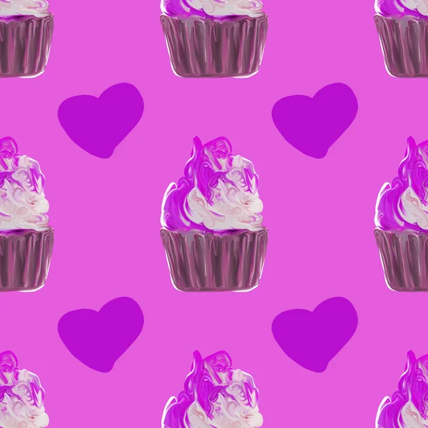 无缝隙图案的纸杯蛋糕 松饼的紫丁香背景 包装设计 纺织品用白色和红色奶油装饰 — 图库照片