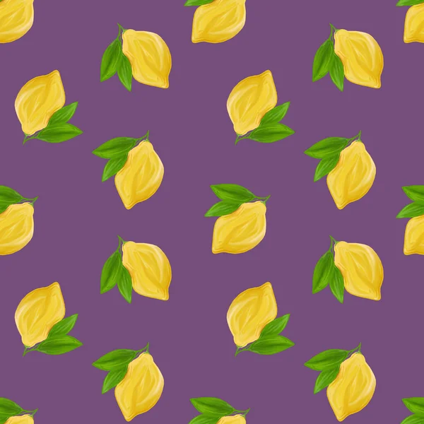 A seamless lemon pattern on purple background. The seamless pattern of fresh citrus fruit lemons with green leaves. Hand drawn gouache painting.