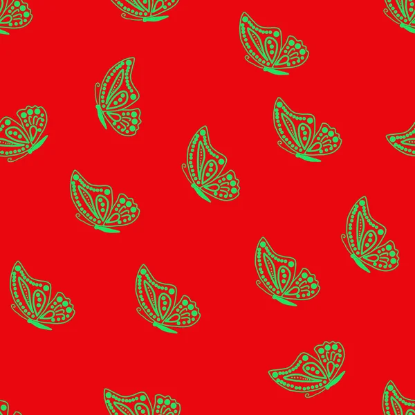 无缝图案 蓝绿色蝴蝶在红色背景设计的面料和装饰 适用于墙纸 礼品纸 图案填充物 网页背景 春夏贺卡 — 图库照片