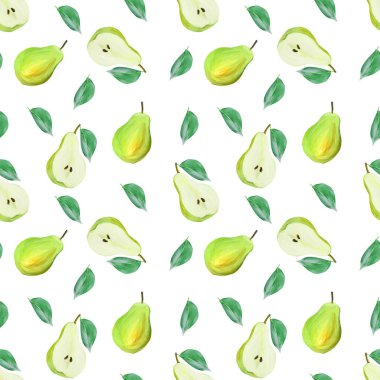 Beyaz arka planda yaprakları olan armut hasadı. Meyve kebabı çizimi serbest ve pürüzsüz desenli. Yemek deseni, elle boyanmış..