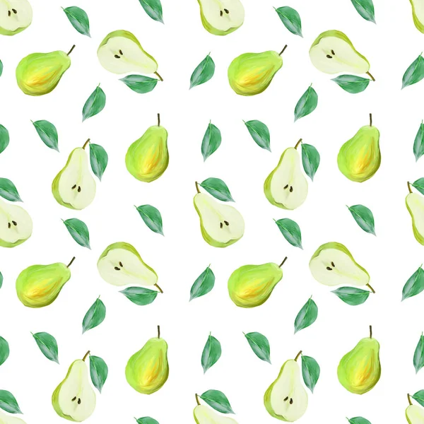 harvest sweet pears with leaves on white background fruit gouache illustration freehand drawn seamless pattern. Food pattern, painted manually.