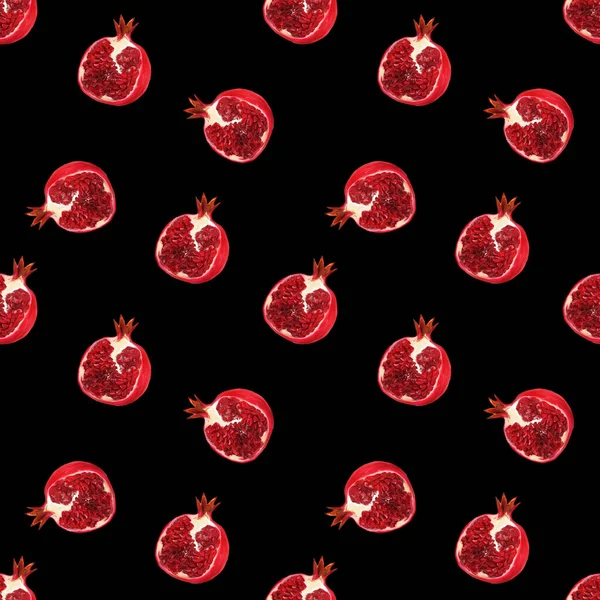 Płynny Wzór Czerwonymi Owocami Granatu Nasionami Czarnym Tle Projekt Kosmetyczny — Zdjęcie stockowe