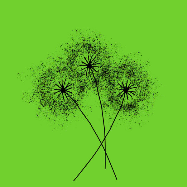 Three dandelions . Happy mother's day greeting card on green background. Black blowball.