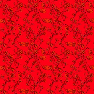 Yaprakları ve çiçekleri olan ağaç dallarının desenleri, grafik el çizimi, kırmızı arka planda çiçek ağacı. Çizilmiş kumaş, hediye paketi, duvar tasarımı, duvar kağıdı, kart, tekstil için basit kalem sanatı