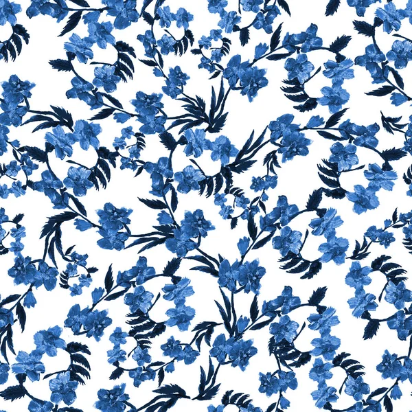 Patrón Sin Costuras Flor Azul Salvaje Hojas Verdes Sobre Fondo — Foto de Stock