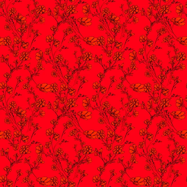 seamles pattern of tree branch with flowers and leaves, graphic hand drawn, blossom tree on red background. Simple pencil art for drawn fabric, gift wrap, wall art design, wallpaper, card, textile