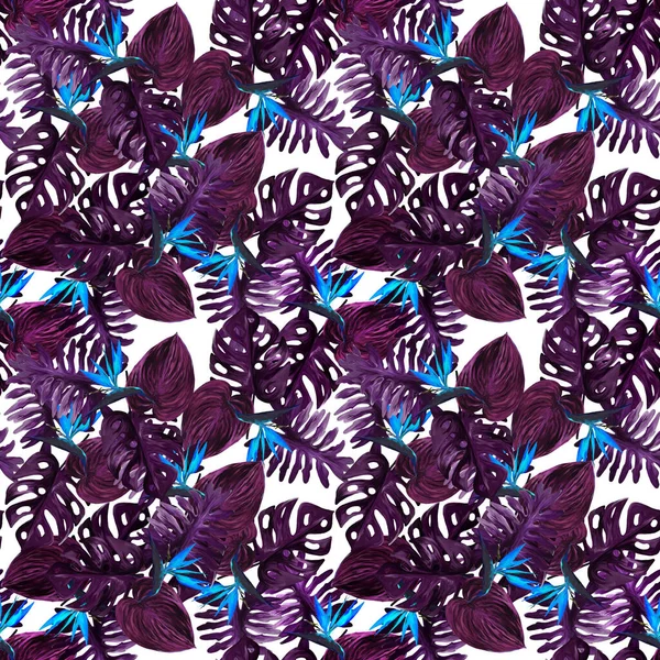 白い背景にStrelitziaと紫の葉を持つオリジナルのシームレスな熱帯パターン コロシア フィロデンドロン モンスターのカラフルな葉を持つシームレスなパターン エキゾチックな壁紙 ハワイアンスタイル — ストック写真
