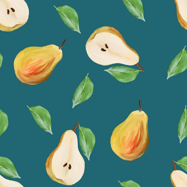 harvest sweet pears with leaves fruit gouache illustration freehand drawn seamless pattern dark turquoise. Food pattern, painted manually.
