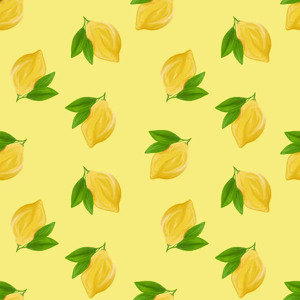 A seamless lemon pattern on yellow background. The seamless pattern of fresh citrus fruit lemons with green leaves. Hand drawn gouache painting.