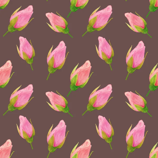 Rosenblüten Handgemachte Gouache Ölfarbe Nahtlose Muster Sanft Auf Braunem Hintergrund — Stockfoto