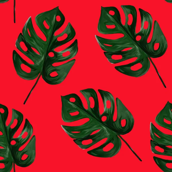Απρόσκοπτη Μοτίβο Τροπικών Πράσινων Φύλλων Monstera Κόκκινο Φόντο Gouache Ζωγραφισμένα — Φωτογραφία Αρχείου