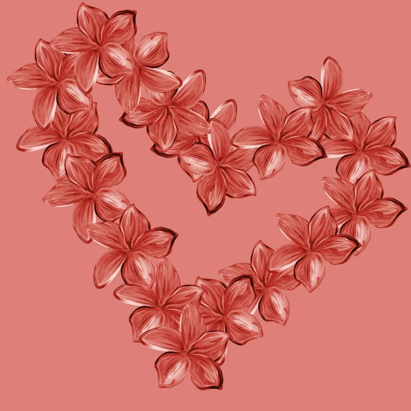 Pink Frangipani Plumeria flowers in shape of heart on pink background.Valentine card. Mother's Day card. Valentine's day. Frangipani, Graveyard Tree. Leelawadee flowers. copy space.