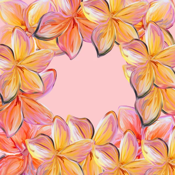 水彩手描きのフレームのイラストがピンクの背景に孤立したピンクと黄色のプルメリアの花を獲得しました カード 結婚式の招待状 ポスター — ストック写真